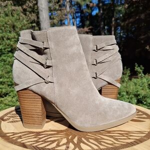 Franco Fortini Carly Tan Suede Braided Lace-Up Back Block Heel Ankle Boots 6.5